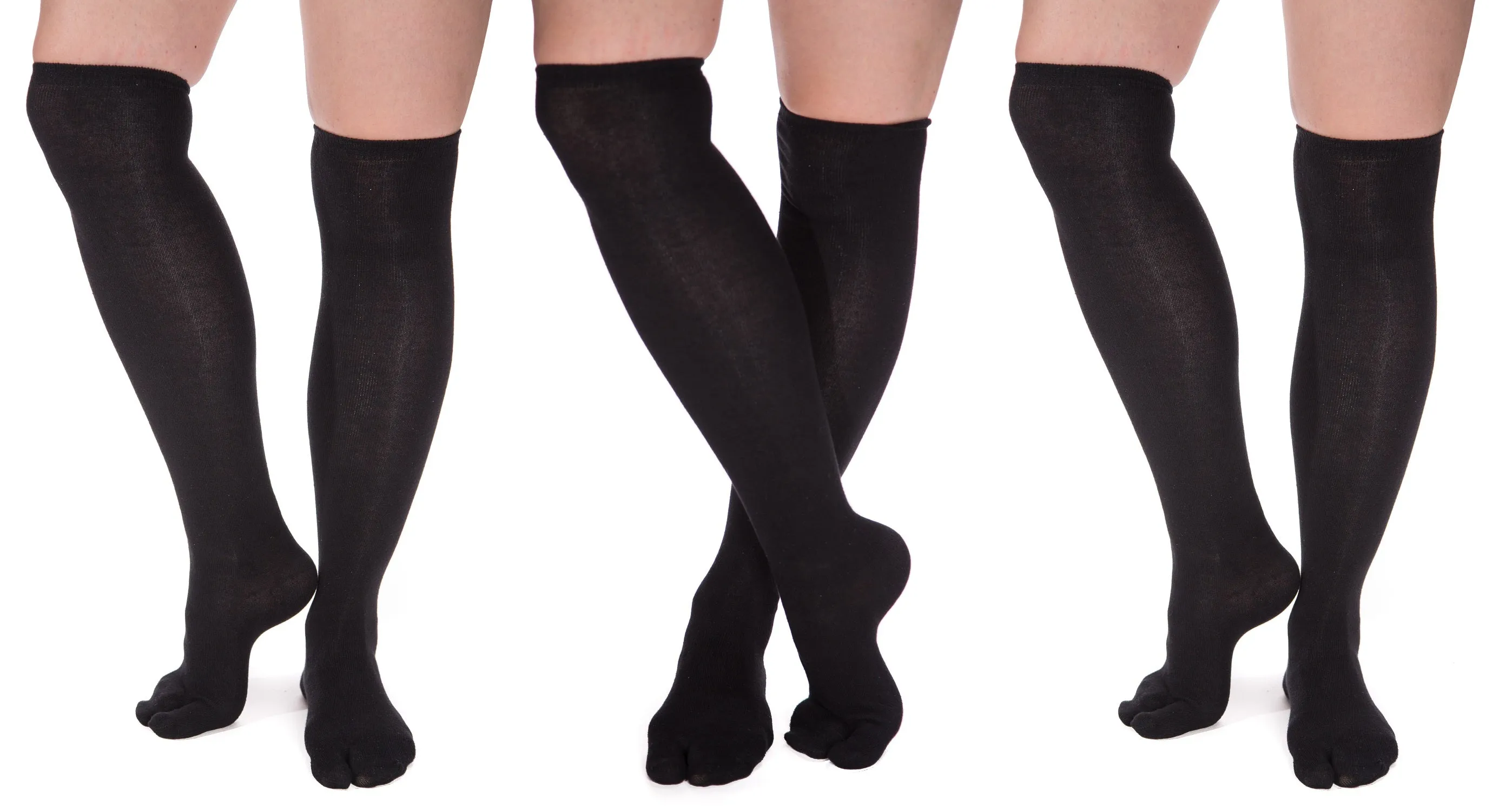 3 Pairs V-Toe Flip Flop Tabi Socks - Over The Knee Black Solid