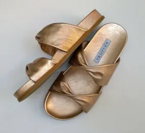 Aquazzura Twist Rose Gold Leather Flat Sandals Slides