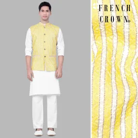 Bisque Beige Kurta Set With Drover Yellow And Bright White Striped Designer Thread Embroidered Nehru Jacket