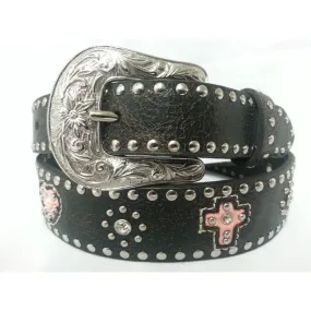 Girls Pink Heart And Cross Brown Leather Belt