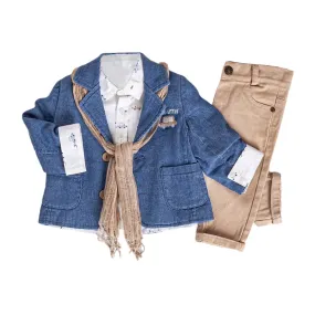 Infant and Toddler Boys' Adorable Blue Jean Jacket, Button-Up Shirt and Pants 3-Piece Set