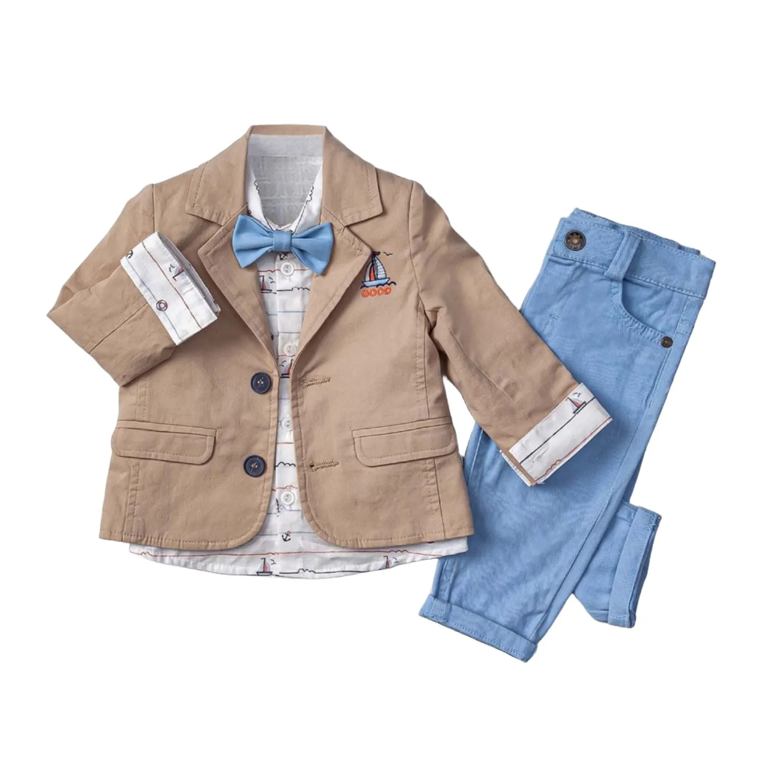 Infant to Toddler Nautical Inspired Jacket, Button-Up Long Sleeve Shirt & Pants Full 3-Piece Suit