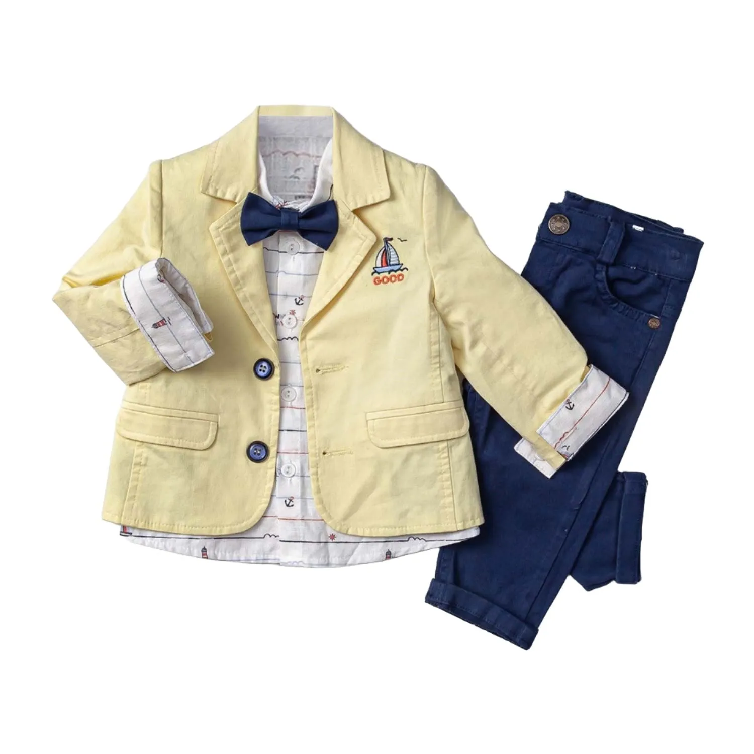 Infant to Toddler Nautical Inspired Jacket, Button-Up Long Sleeve Shirt & Pants Full 3-Piece Suit