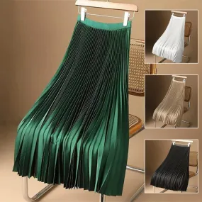 Midi Skirt for Women Elegant Vintage Pleated A-line Midi Skirt with Wide Elastic Waistband Smooth Satin Finish for Women High