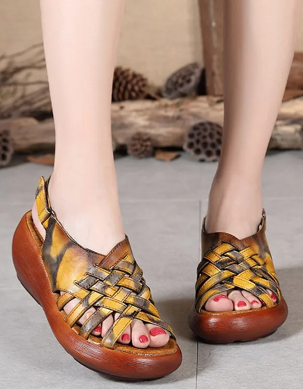 Summer Wedge Retro Leather Sandals Women