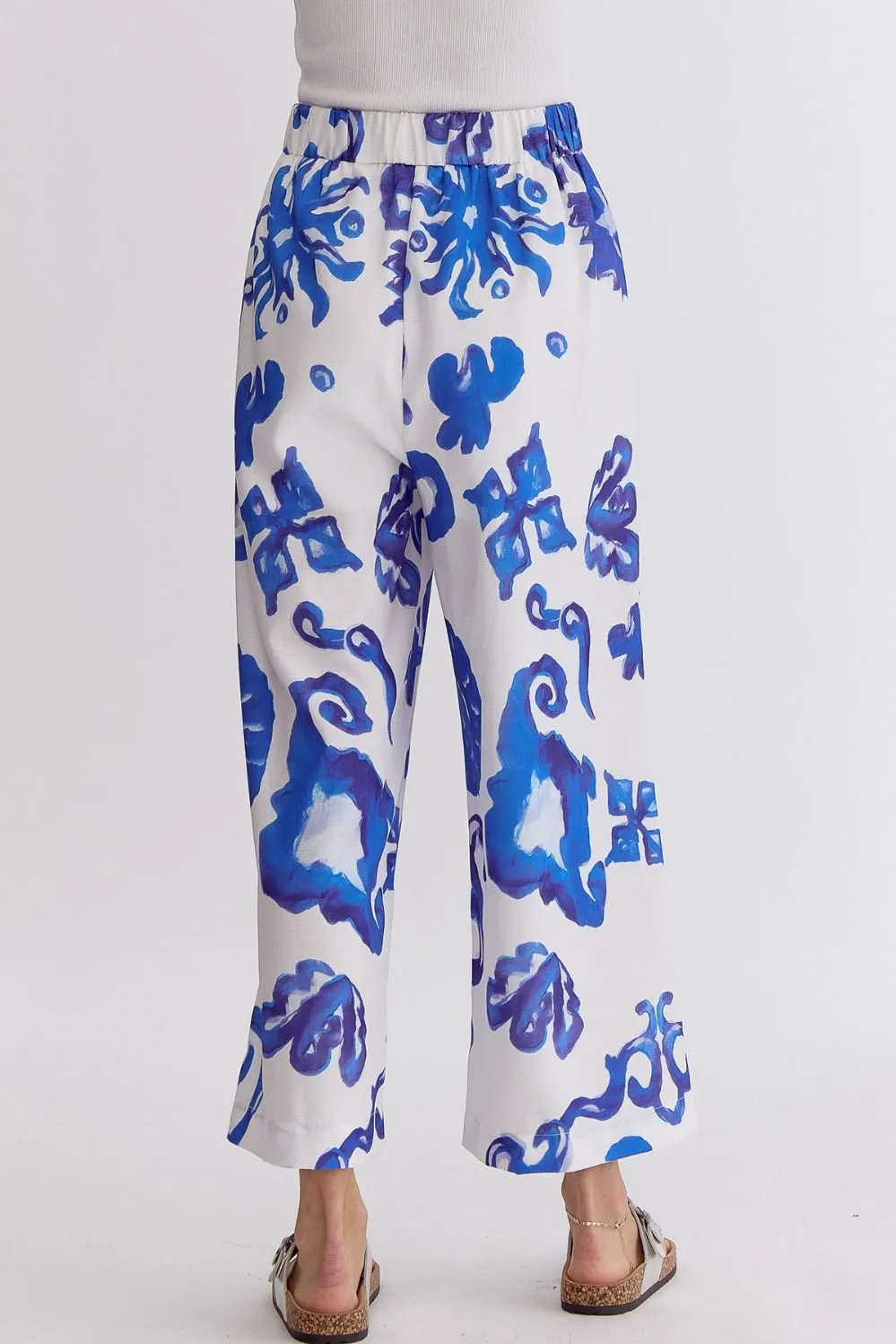 Tropical Print High-Wasited Wide Leg Pants