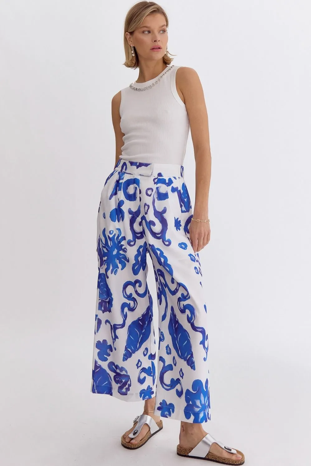 Tropical Print High-Wasited Wide Leg Pants